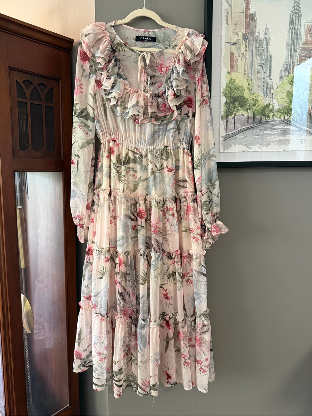 Caara Tiered Floral Ruffle Maxi Dress - Cream, Pink & Green Floral. Large